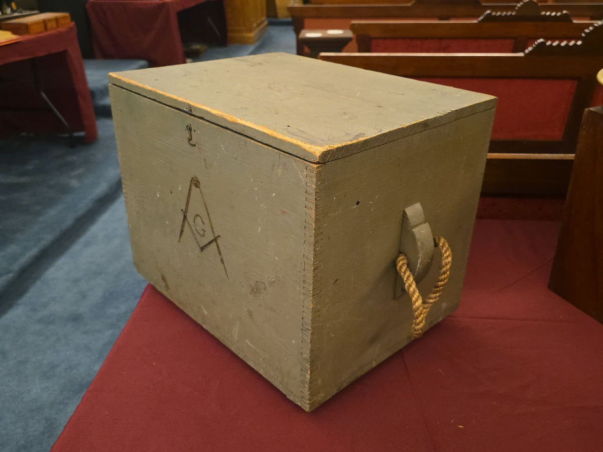 Vintage Masonic Painted Wood Storage Box with Square and Compass Symbols and Rope Handles