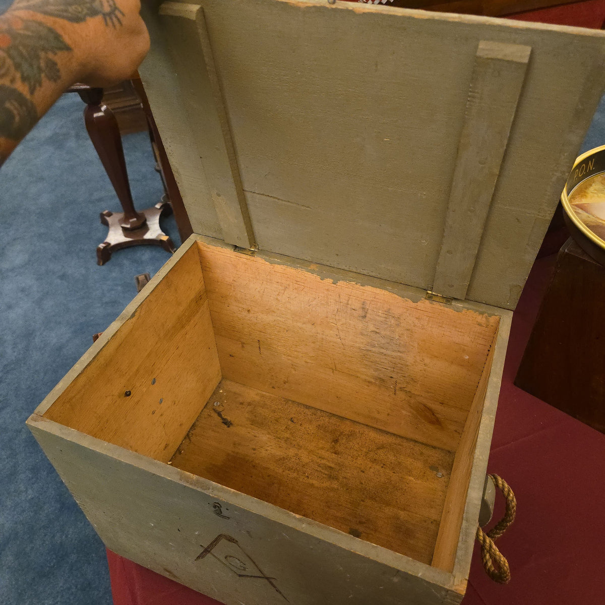 Vintage Masonic Painted Wood Storage Box with Square and Compass Symbols and Rope Handles
