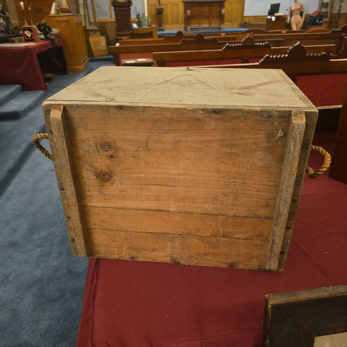 Vintage Masonic Painted Wood Storage Box with Square and Compass Symbols and Rope Handles
