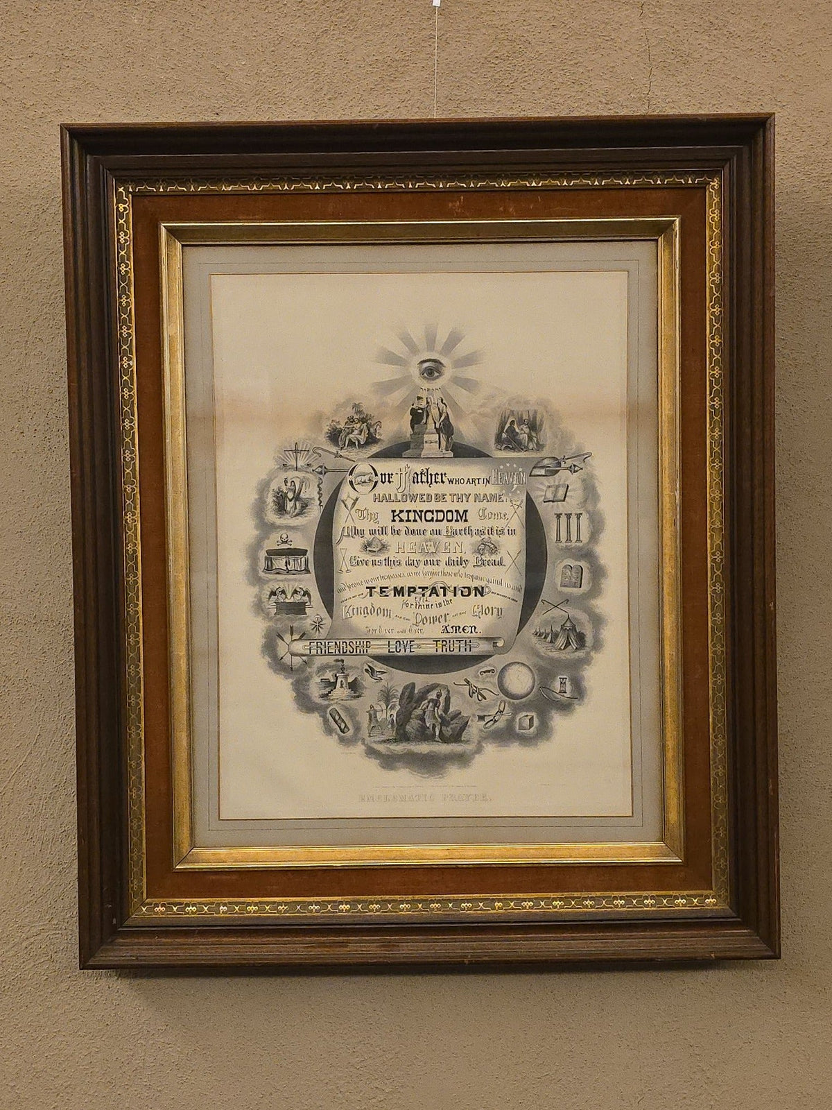 Antique Framed "Emblematic Prayer" Odd Fellows Lord's Prayer Engraving Print by T.C. Fielding, Engraved by E.A. Fowle, 1874
