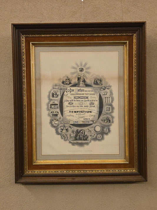Antique Framed "Emblematic Prayer" Odd Fellows Lord's Prayer Engraving Print by T.C. Fielding, Engraved by E.A. Fowle, 1874