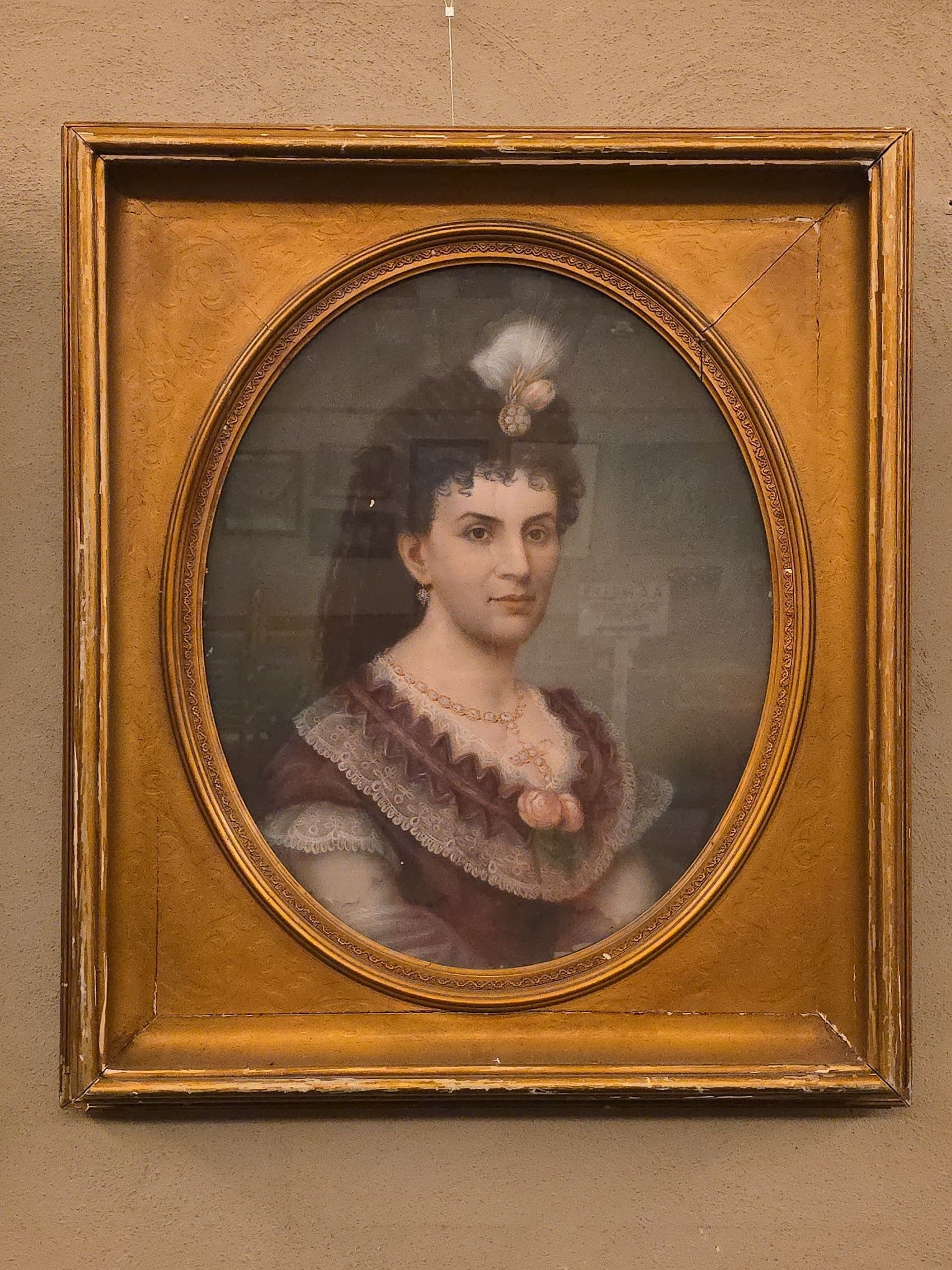 Antique Framed Pastel Portrait of a Woman in Gilt Frame with Oval Mat