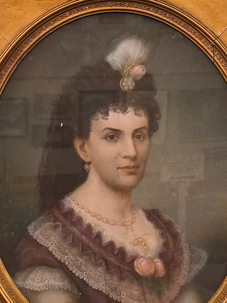 Antique Framed Pastel Portrait of a Woman in Gilt Frame with Oval Mat