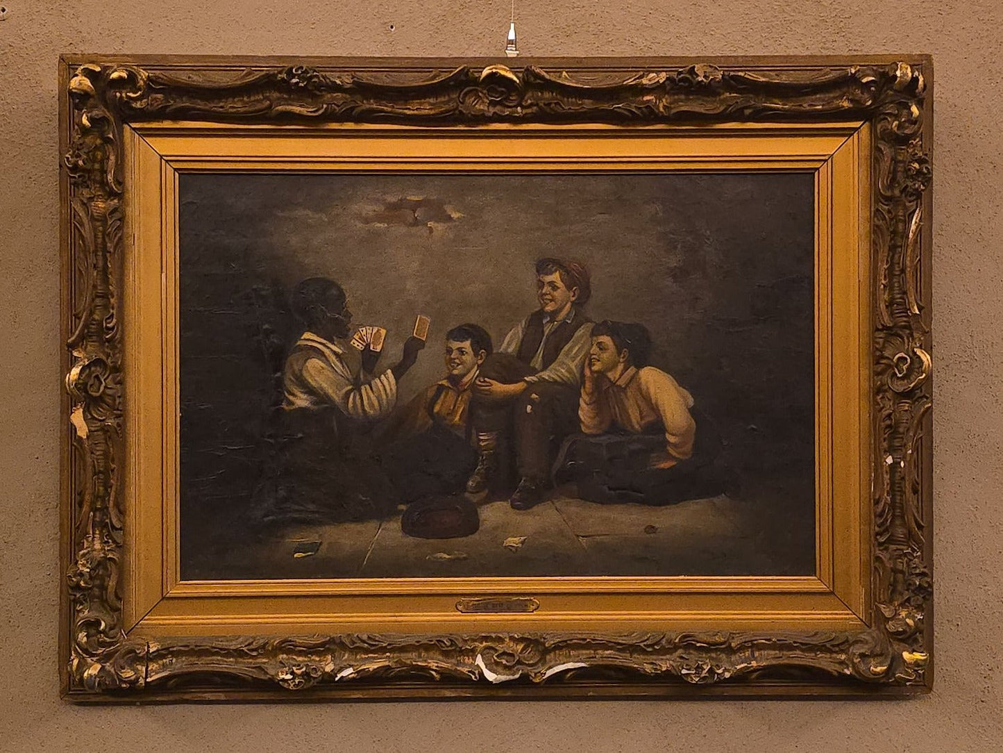 Antique Oil Painting on Canvas, "The Card Trick" After John George Brown, in Ornate Gilt Frame with Title Plaque
