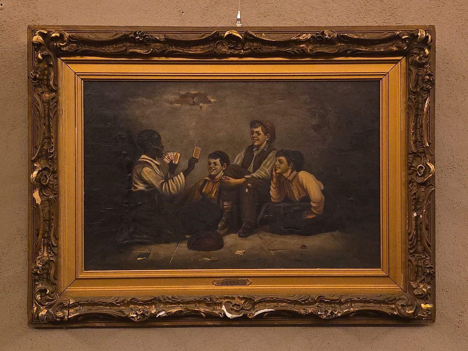 Antique Oil Painting on Canvas, "The Card Trick" After John George Brown, in Ornate Gilt Frame with Title Plaque