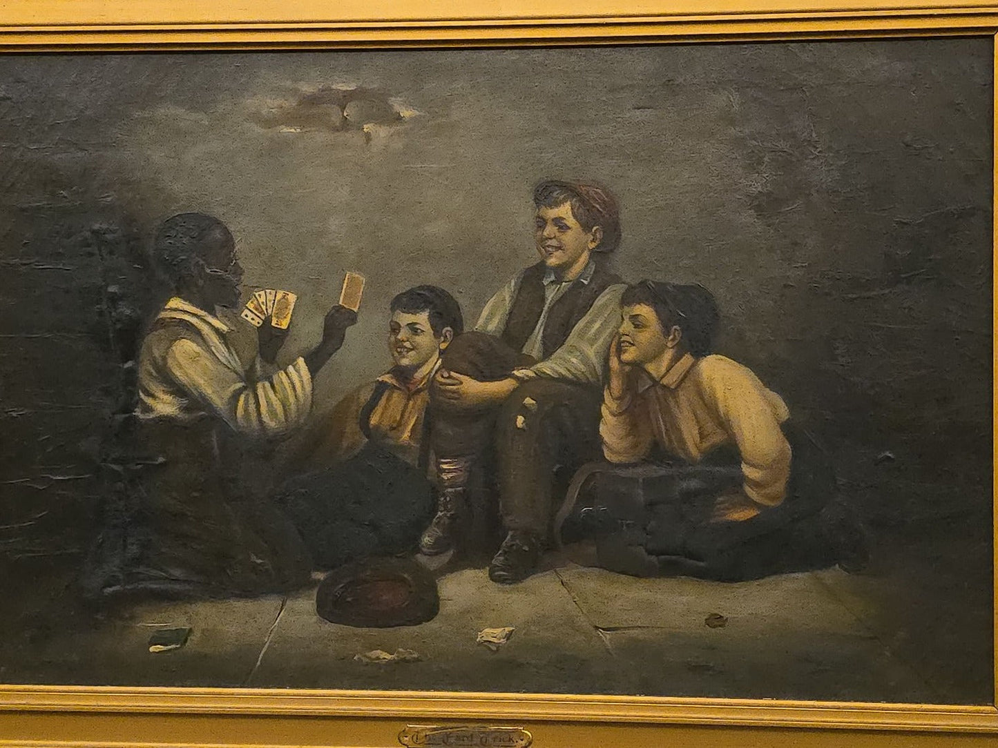 Antique Oil Painting on Canvas, "The Card Trick" After John George Brown, in Ornate Gilt Frame with Title Plaque