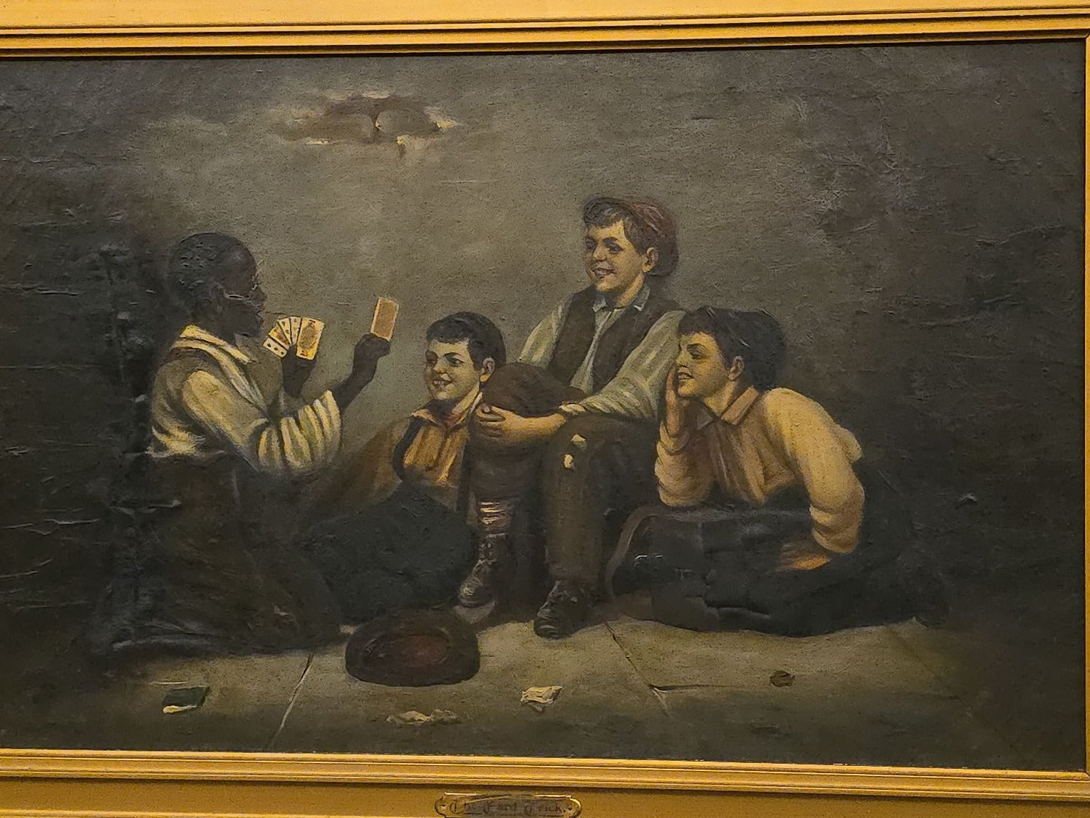 Antique Oil Painting on Canvas, "The Card Trick" After John George Brown, in Ornate Gilt Frame with Title Plaque