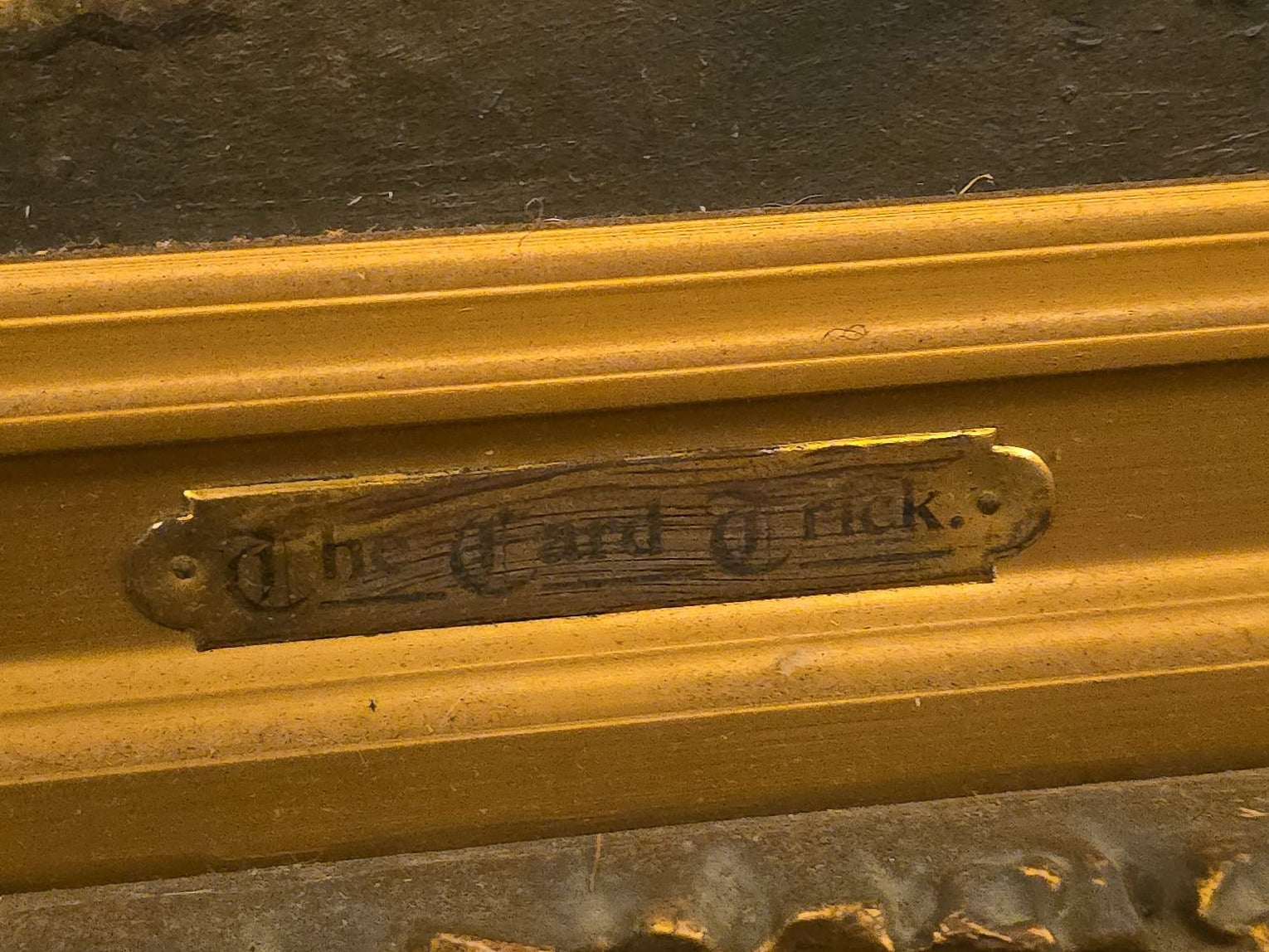 Antique Oil Painting on Canvas, "The Card Trick" After John George Brown, in Ornate Gilt Frame with Title Plaque