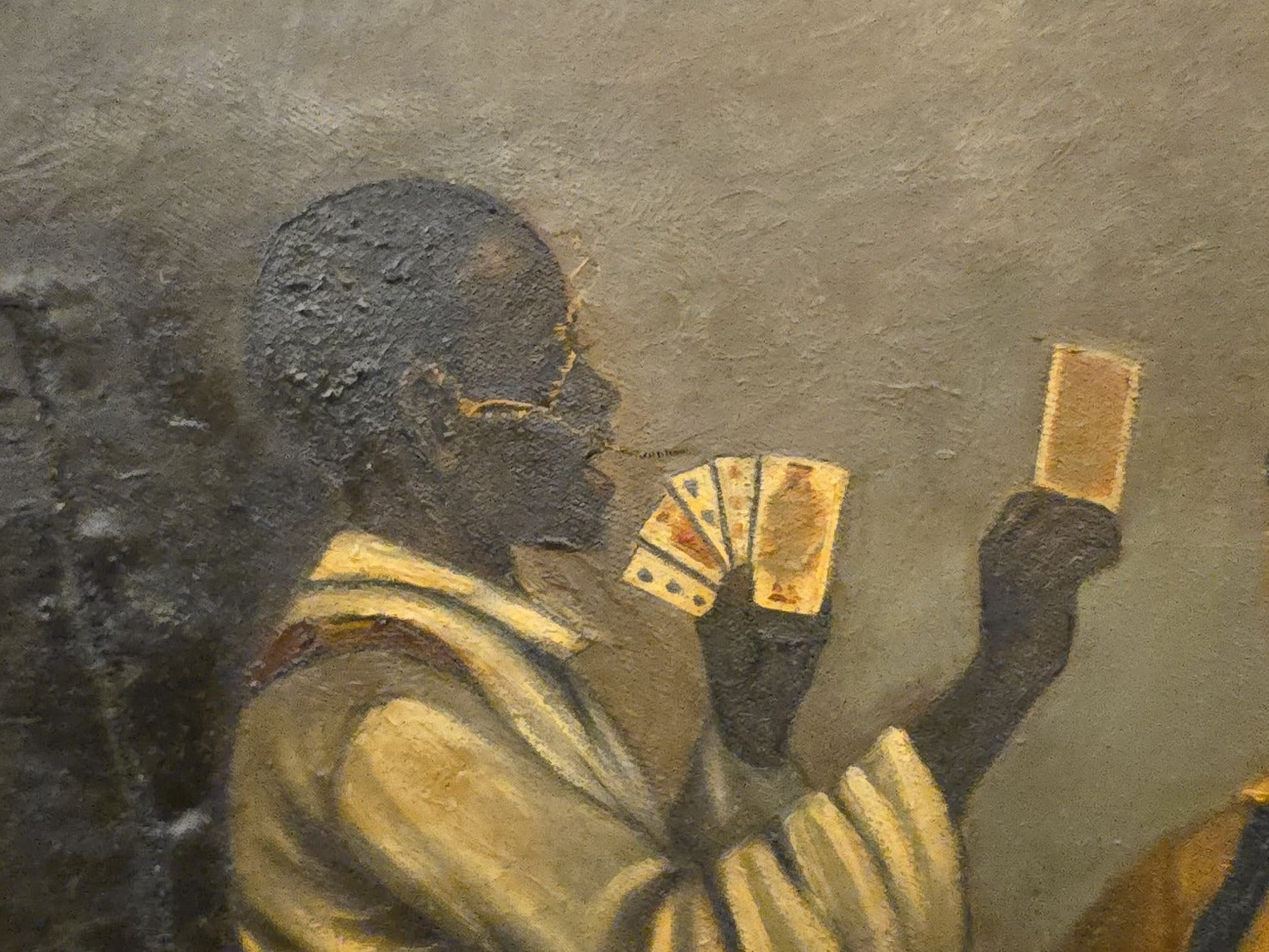 Antique Oil Painting on Canvas, "The Card Trick" After John George Brown, in Ornate Gilt Frame with Title Plaque