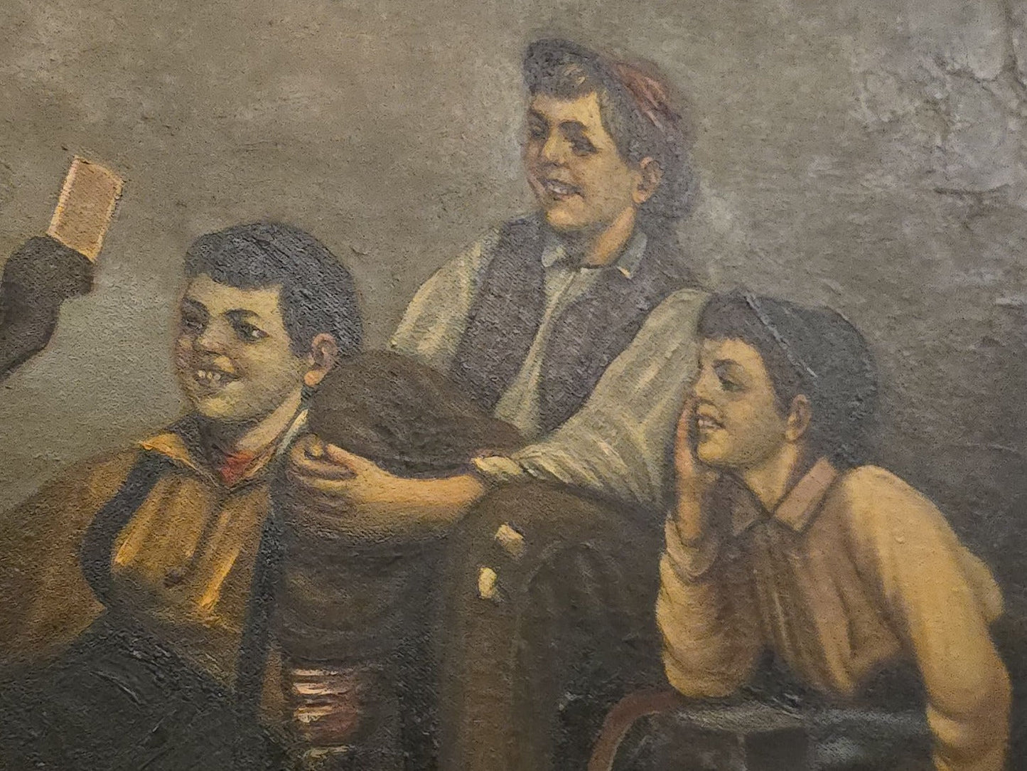 Antique Oil Painting on Canvas, "The Card Trick" After John George Brown, in Ornate Gilt Frame with Title Plaque
