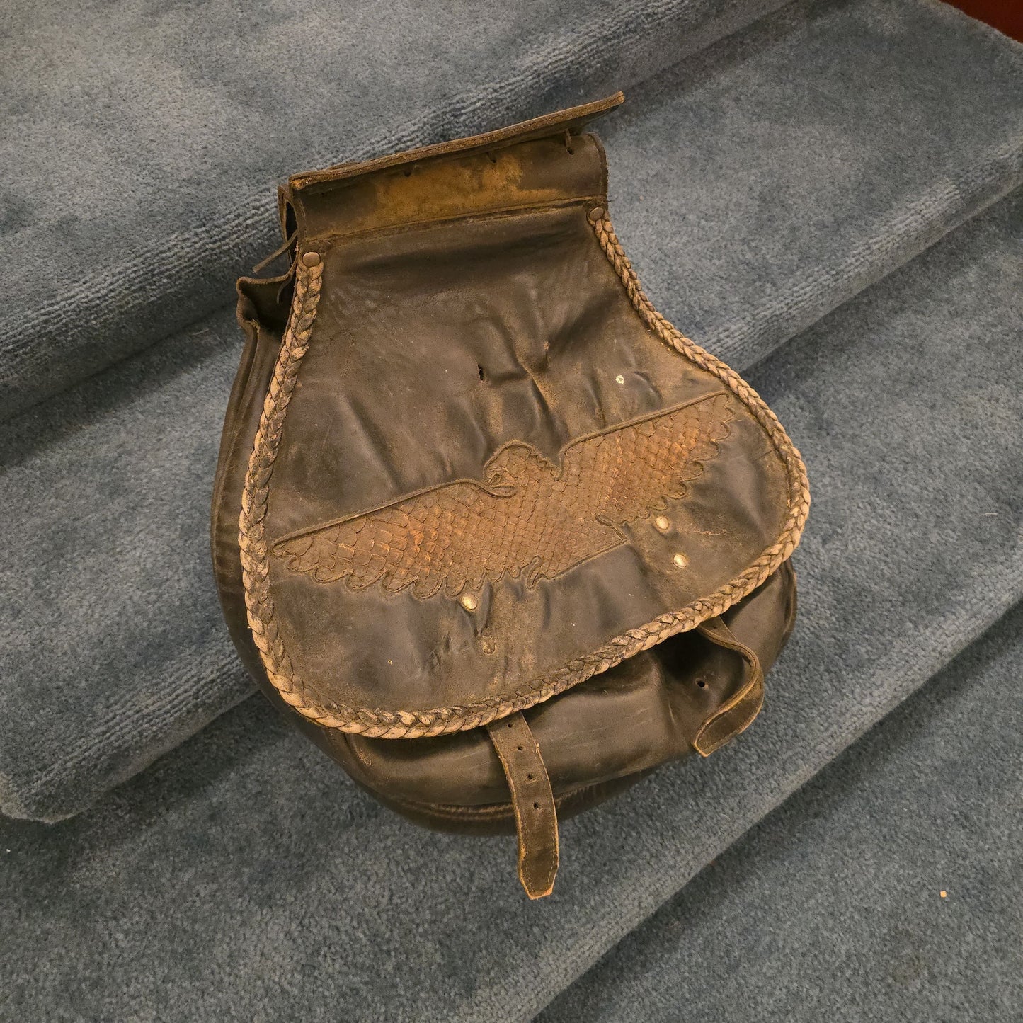 Vintage Leather Saddlebag with Snakeskin Eagle Motif and Braided Trim