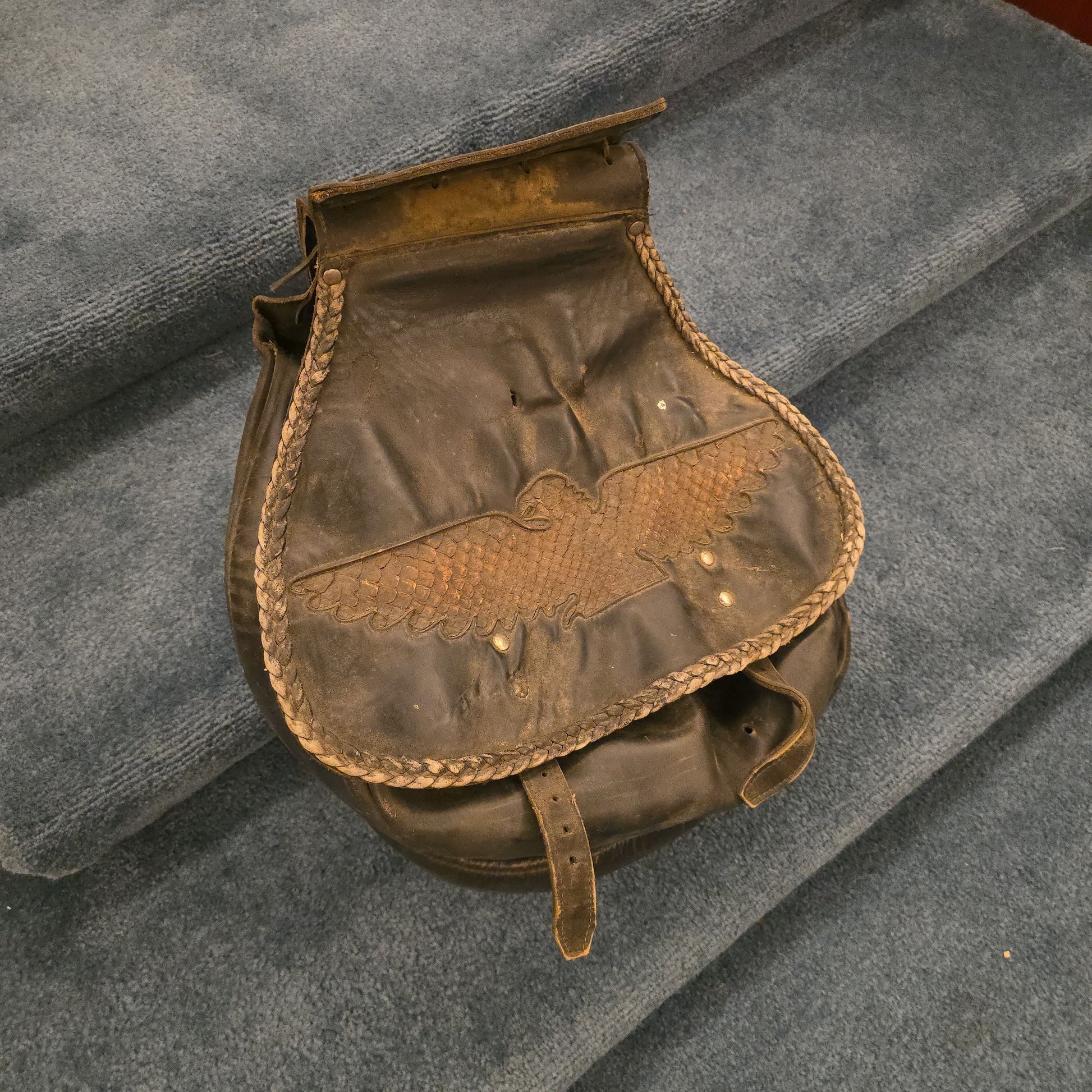 Vintage Leather Saddlebag with Snakeskin Eagle Motif and Braided Trim