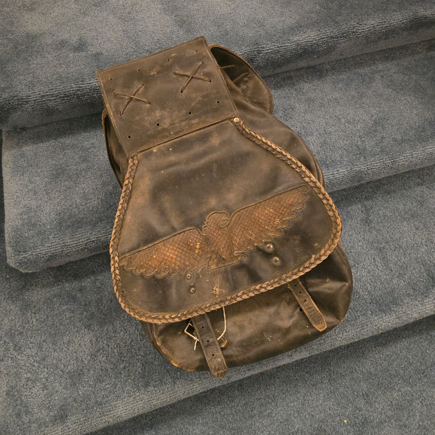 Vintage Leather Saddlebag with Snakeskin Eagle Motif and Braided Trim