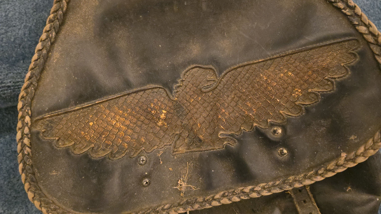 Vintage Leather Saddlebag with Snakeskin Eagle Motif and Braided Trim