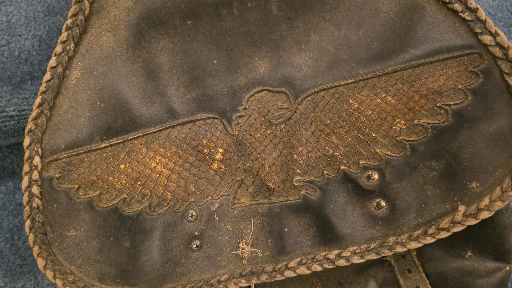 Vintage Leather Saddlebag with Snakeskin Eagle Motif and Braided Trim