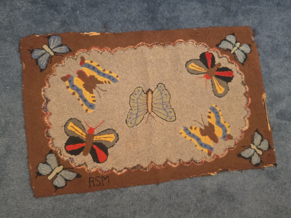 Vintage Hooked Rug with Butterfly Design, Initialed "RSM"