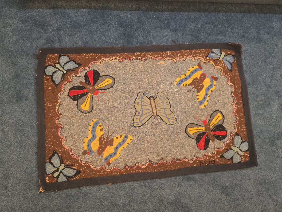 Vintage Hooked Rug with Butterfly Design, Initialed "RSM"