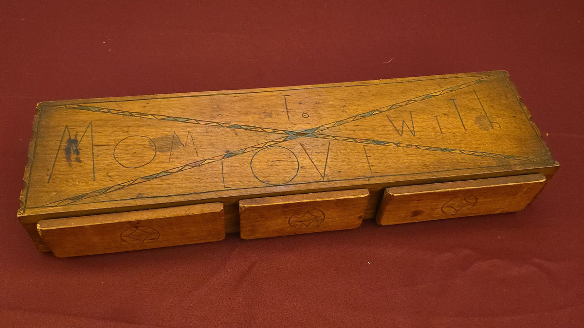 Vintage Handmade Wooden Three-Drawer Dresser Box with Pyrography "To Mom With Love" Inscription
