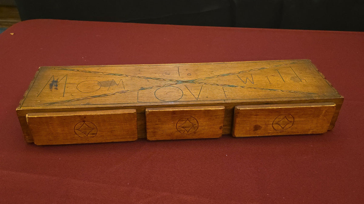 Vintage Handmade Wooden Three-Drawer Dresser Box with Pyrography "To Mom With Love" Inscription