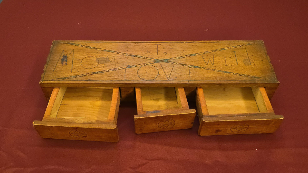 Vintage Handmade Wooden Three-Drawer Dresser Box with Pyrography "To Mom With Love" Inscription