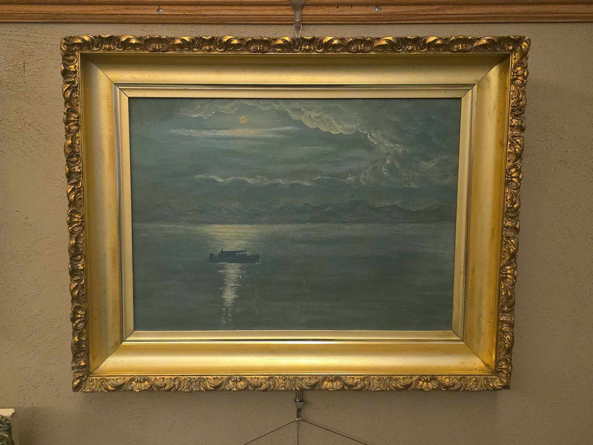 Antique Oil Painting on Canvas, Moonlit Seascape with Boat in Gilt Frame
