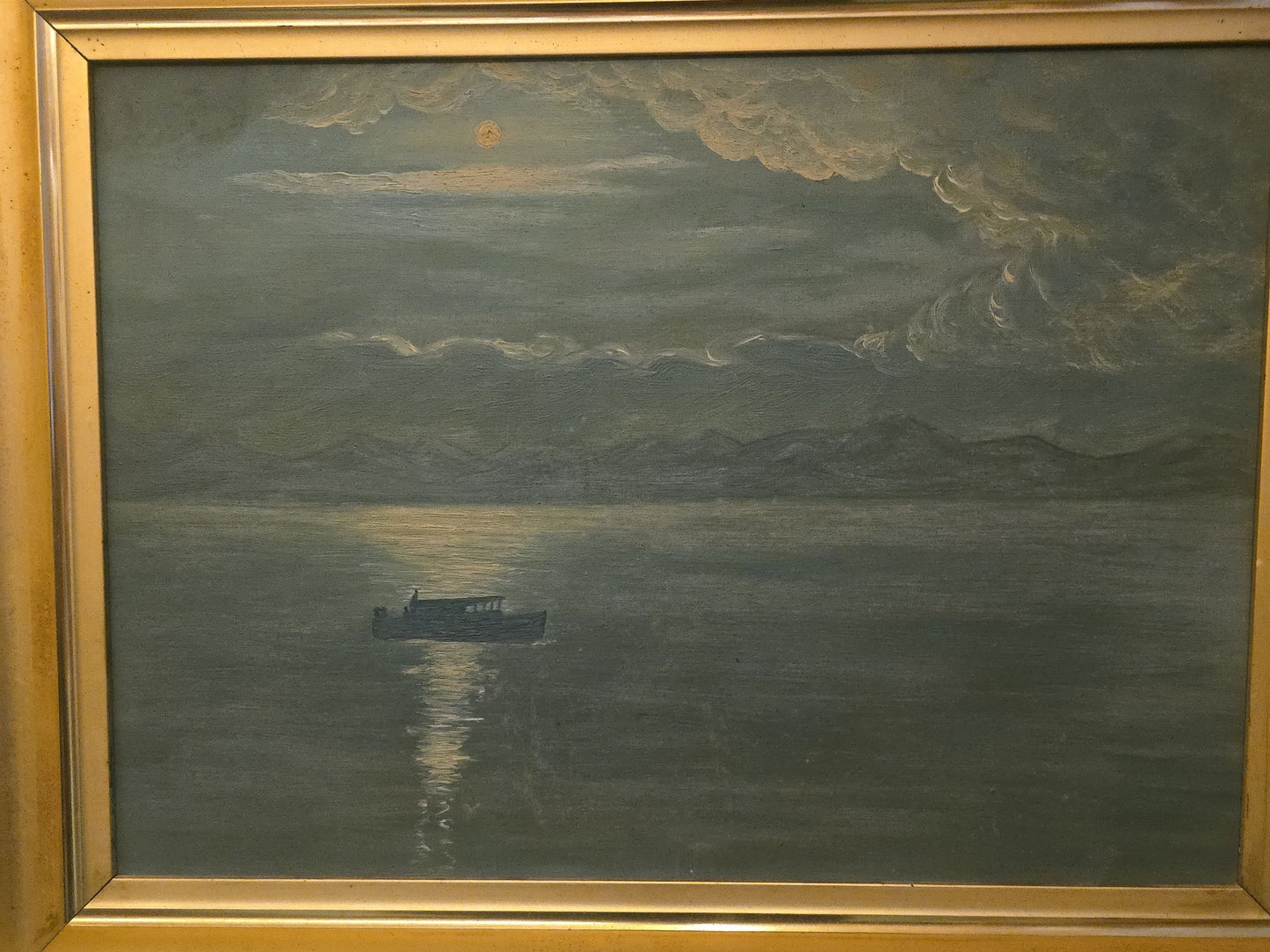 Antique Oil Painting on Canvas, Moonlit Seascape with Boat in Gilt Frame