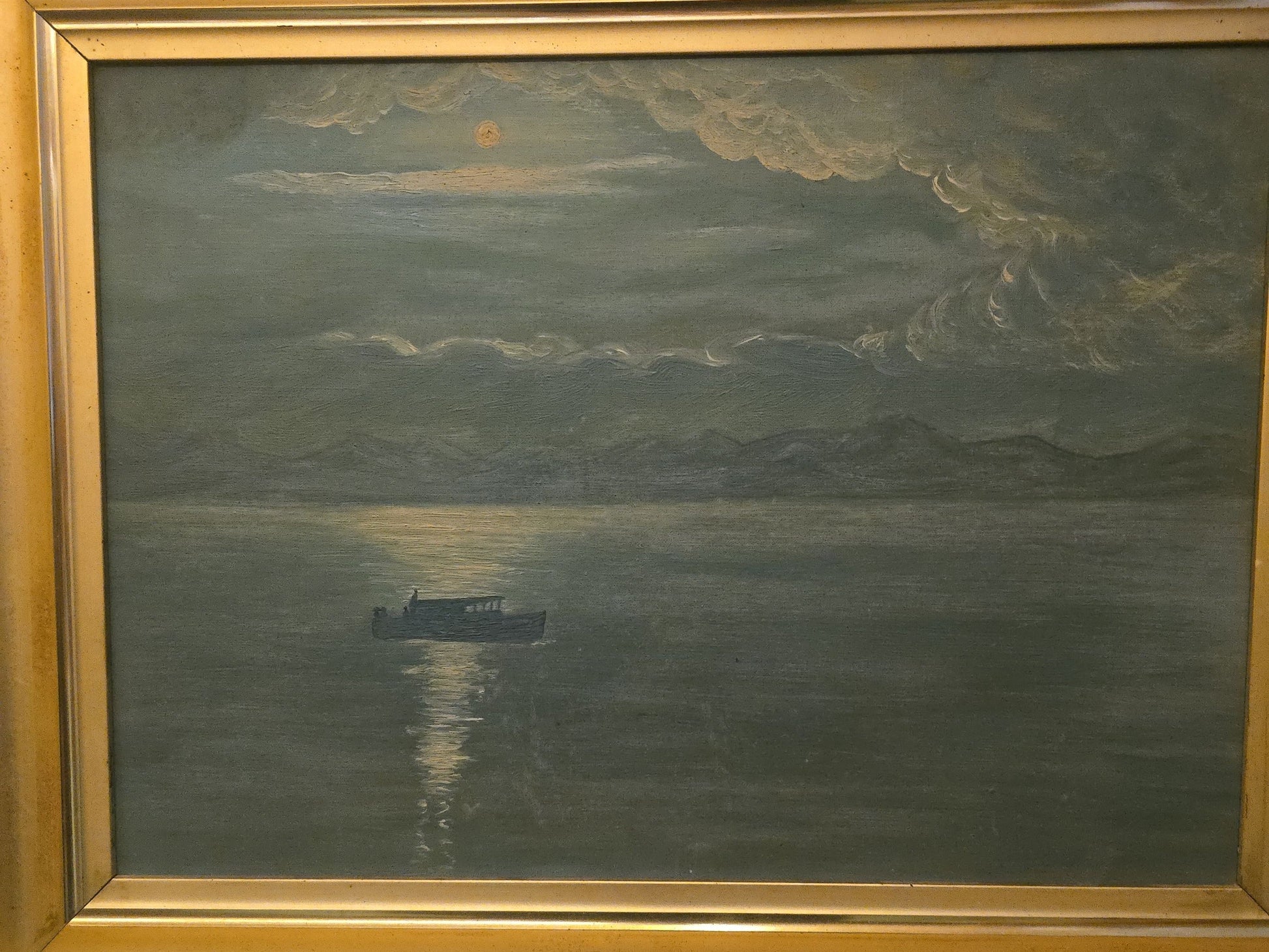 Antique Oil Painting on Canvas, Moonlit Seascape with Boat in Gilt Frame