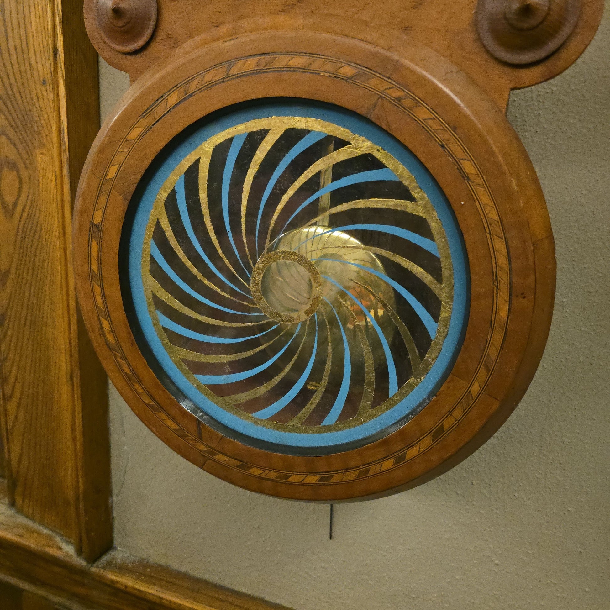 Vintage Eight-Day Figure-Eight Wall Clock with Inlaid Case and Reverse-Painted Pendulum Glass