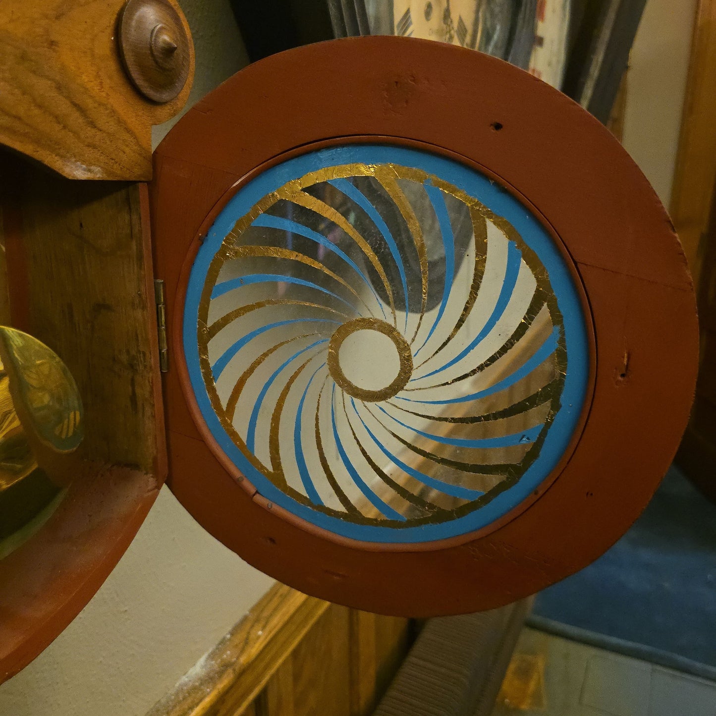 Vintage Eight-Day Figure-Eight Wall Clock with Inlaid Case and Reverse-Painted Pendulum Glass