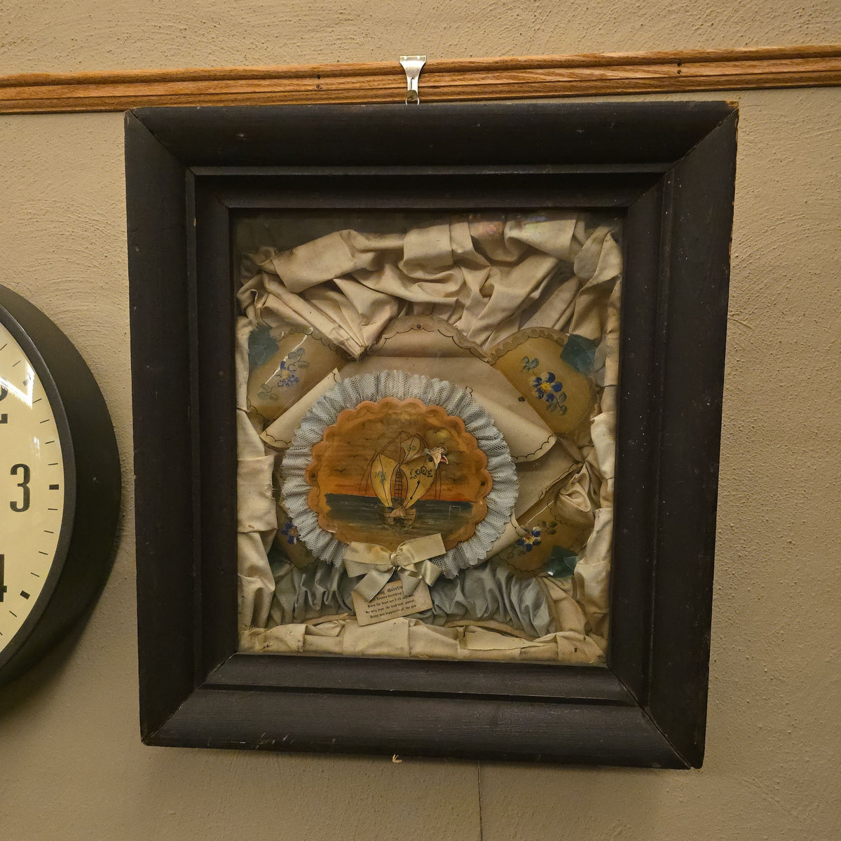 Antique Victorian "To My Love" Valentine's Shadow Box with Hand-Painted Celluloid Medallion, Cupid, and Greeting Card