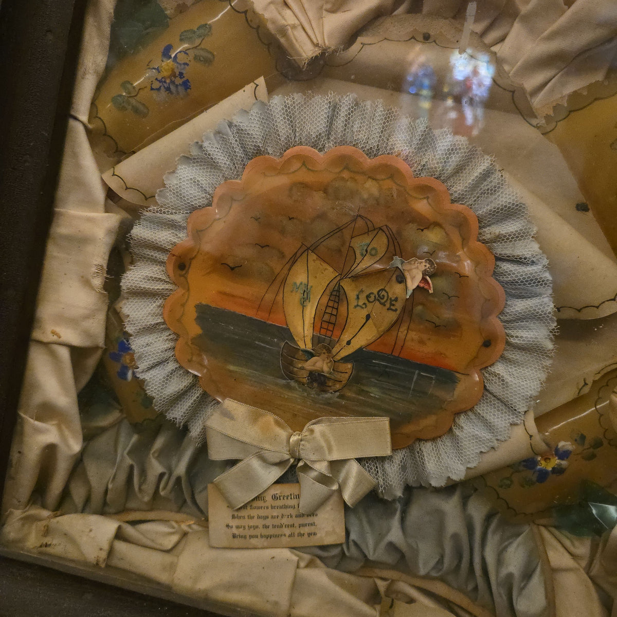 Antique Victorian "To My Love" Valentine's Shadow Box with Hand-Painted Celluloid Medallion, Cupid, and Greeting Card