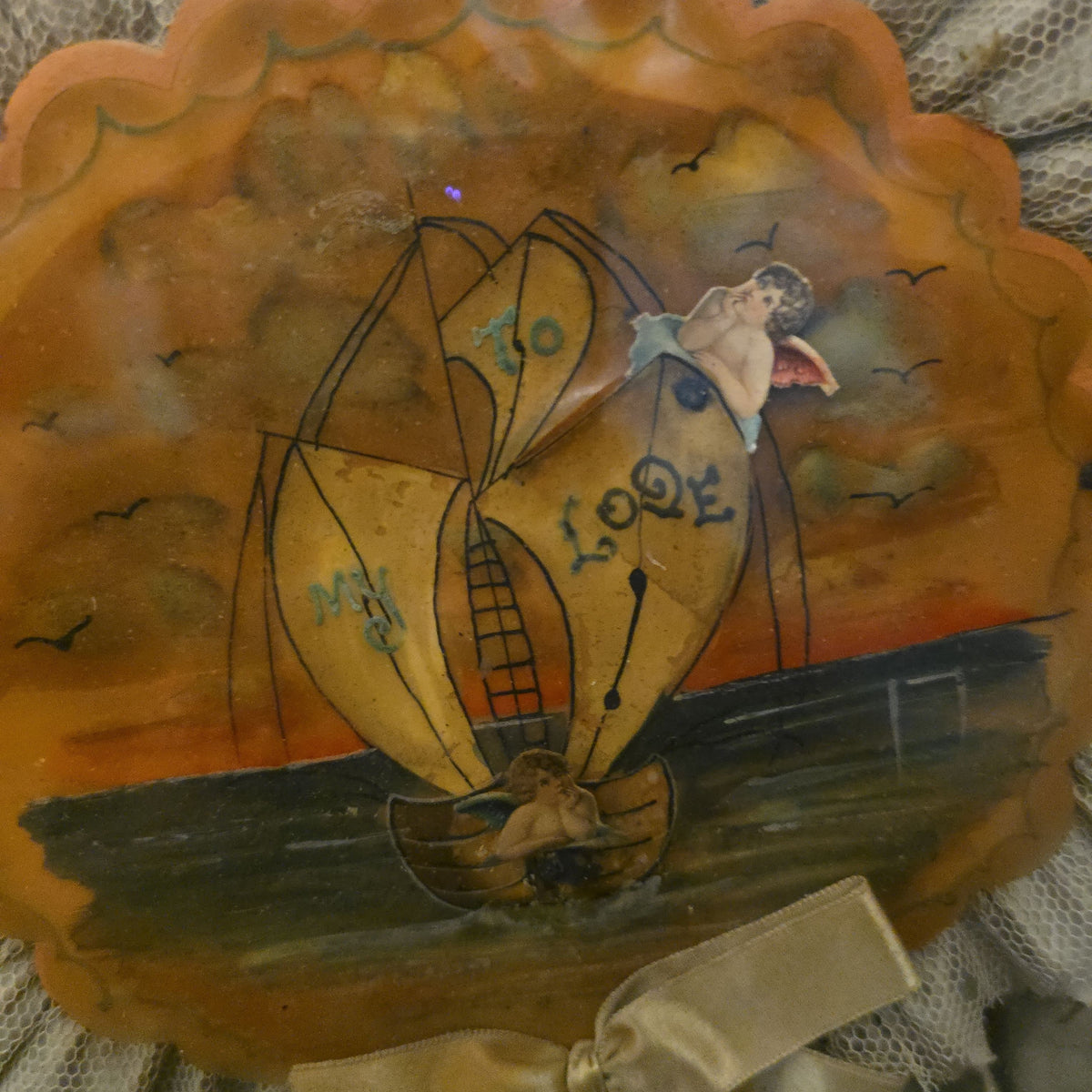 Antique Victorian "To My Love" Valentine's Shadow Box with Hand-Painted Celluloid Medallion, Cupid, and Greeting Card