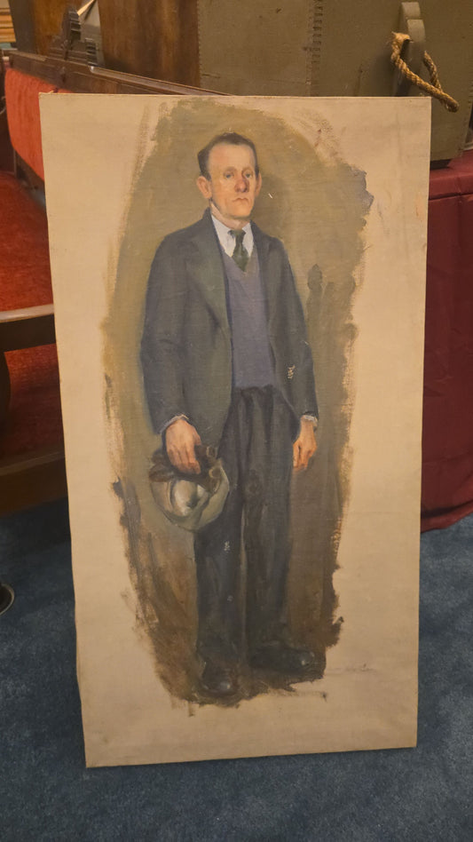 Vintage Oil Painting on Canvas, Full-Length Portrait of a Man in Suit Holding a Hat, Unsigned