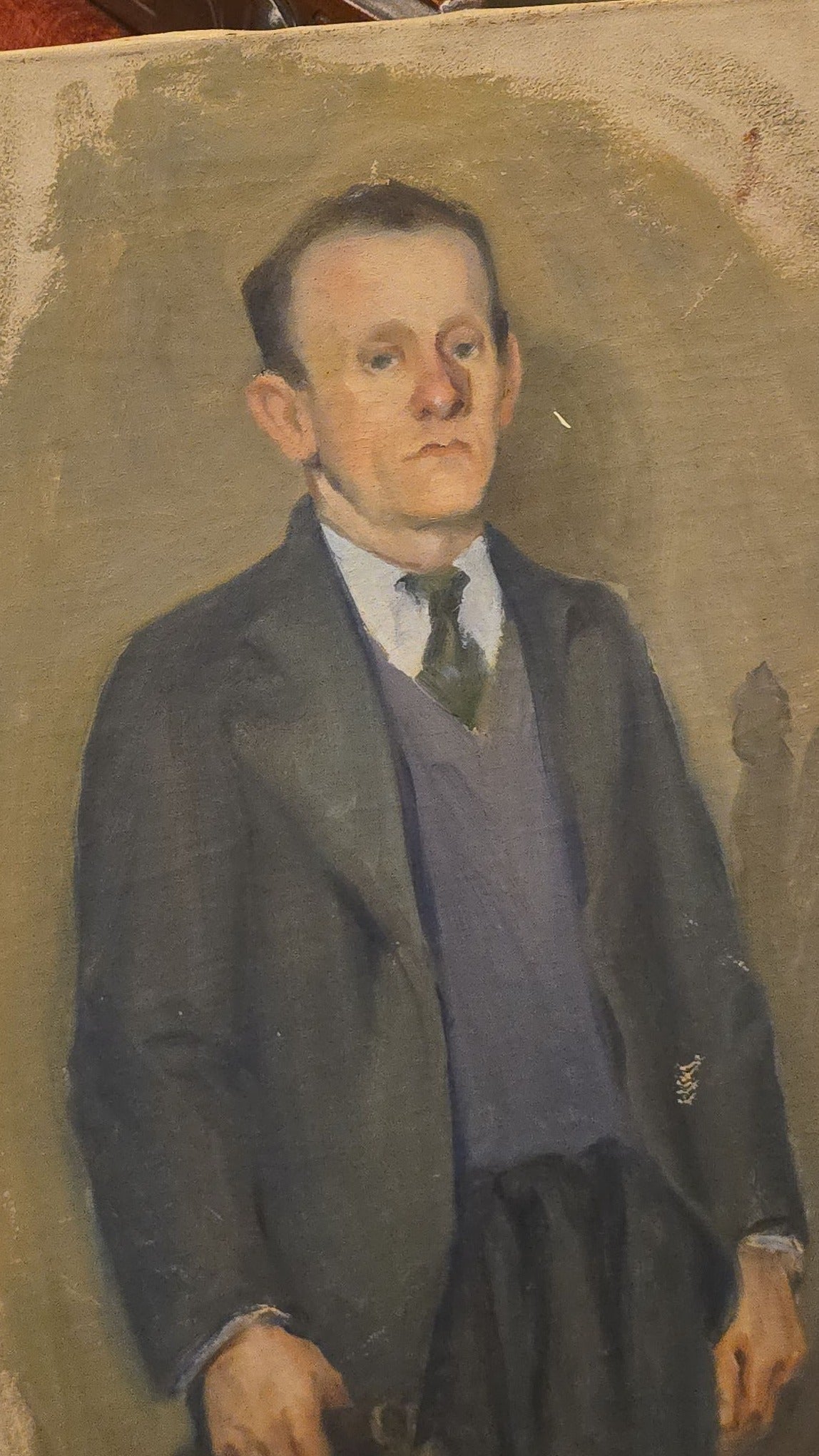 Vintage Oil Painting on Canvas, Full-Length Portrait of a Man in Suit Holding a Hat, Unsigned