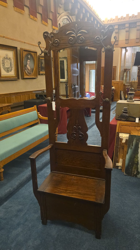 Antique Oak Hall Tree with Mirror, Coat Hooks, and Lift-Seat Storage Bench
