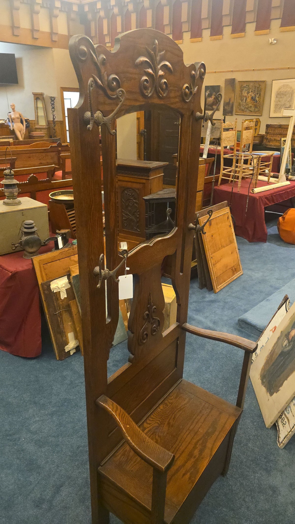 Antique Oak Hall Tree with Mirror, Coat Hooks, and Lift-Seat Storage Bench