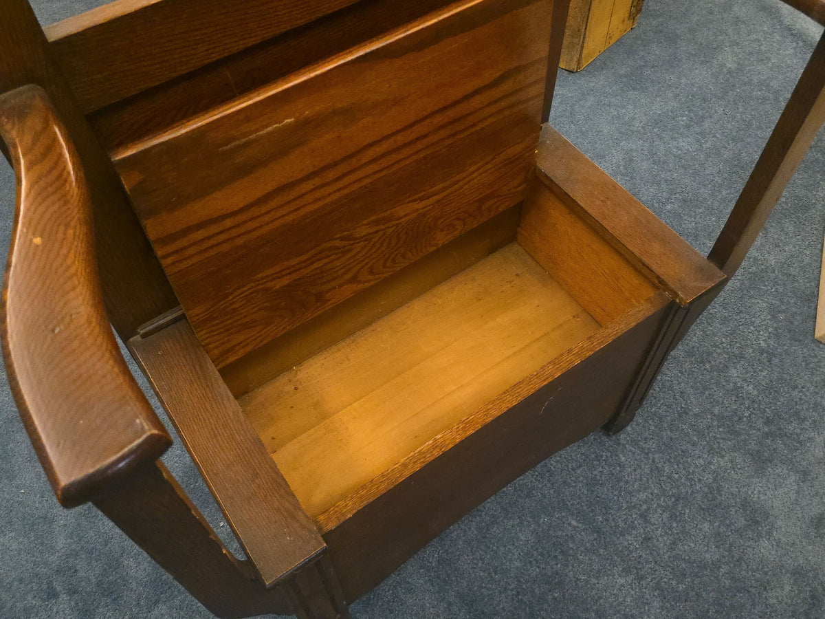 Antique Oak Hall Tree with Mirror, Coat Hooks, and Lift-Seat Storage Bench
