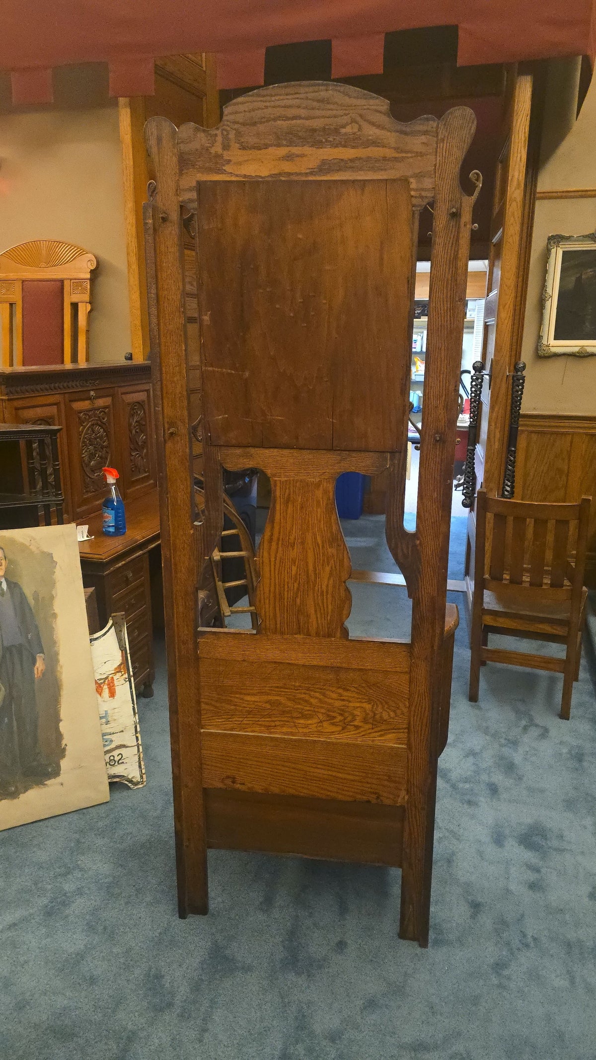 Antique Oak Hall Tree with Mirror, Coat Hooks, and Lift-Seat Storage Bench