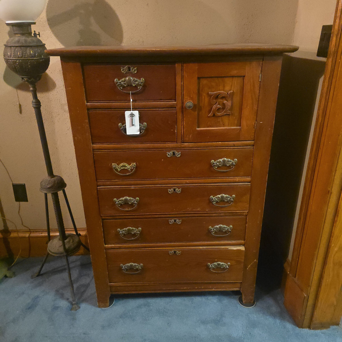 Antique Oak Gentleman's Chest with Hat Cabinet and Key
