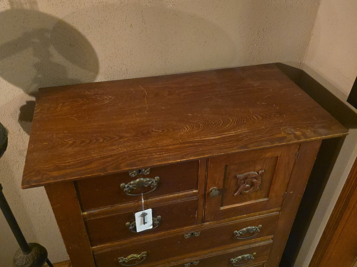 Antique Oak Gentleman's Chest with Hat Cabinet and Key