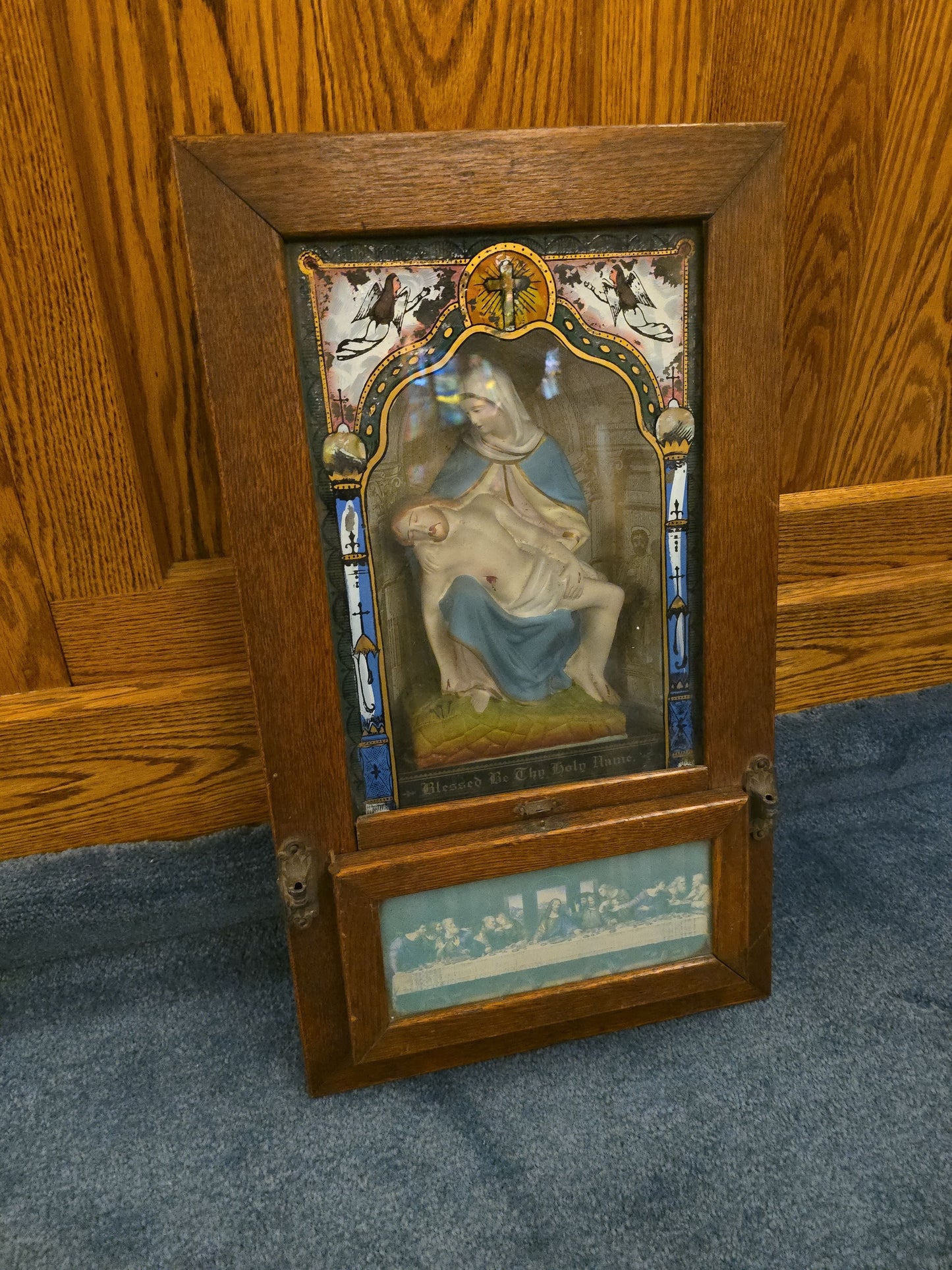 Antique Catholic Sick Call Last Rites Shadow Box with Pieta Figure, Last Supper Print, Crucifix, and Prayer Booklet, Note Missing Latch on Drop-Down Door