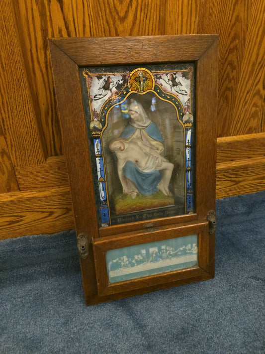 Antique Catholic Sick Call Last Rites Shadow Box with Pieta Figure, Last Supper Print, Crucifix, and Prayer Booklet, Note Missing Latch on Drop-Down Door