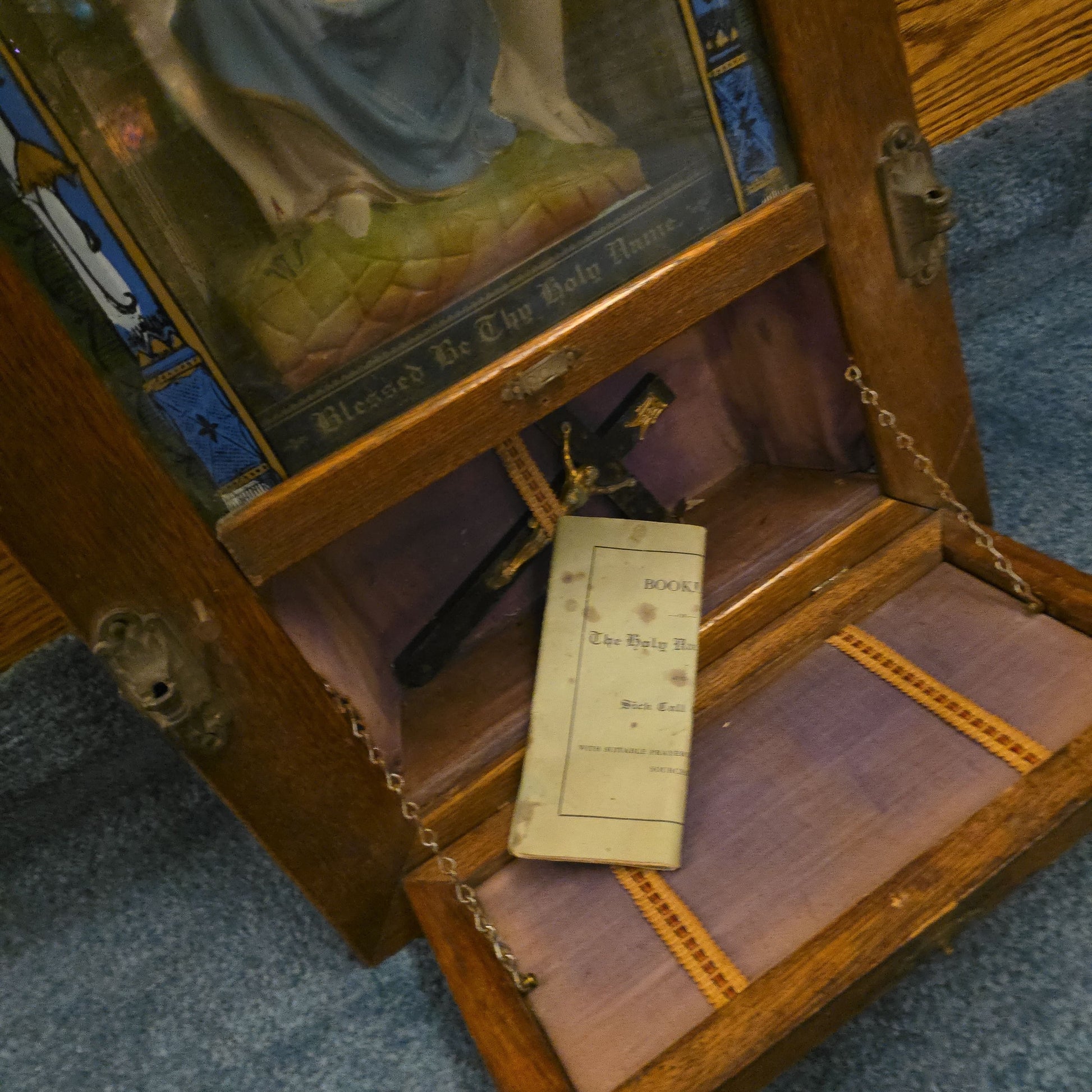 Antique Catholic Sick Call Last Rites Shadow Box with Pieta Figure, Last Supper Print, Crucifix, and Prayer Booklet, Note Missing Latch on Drop-Down Door