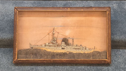 Vintage Folk Art Shadow Box Ship Model of the H.N.L.M.S. Van Kinsbergen Dutch Navy Sloop