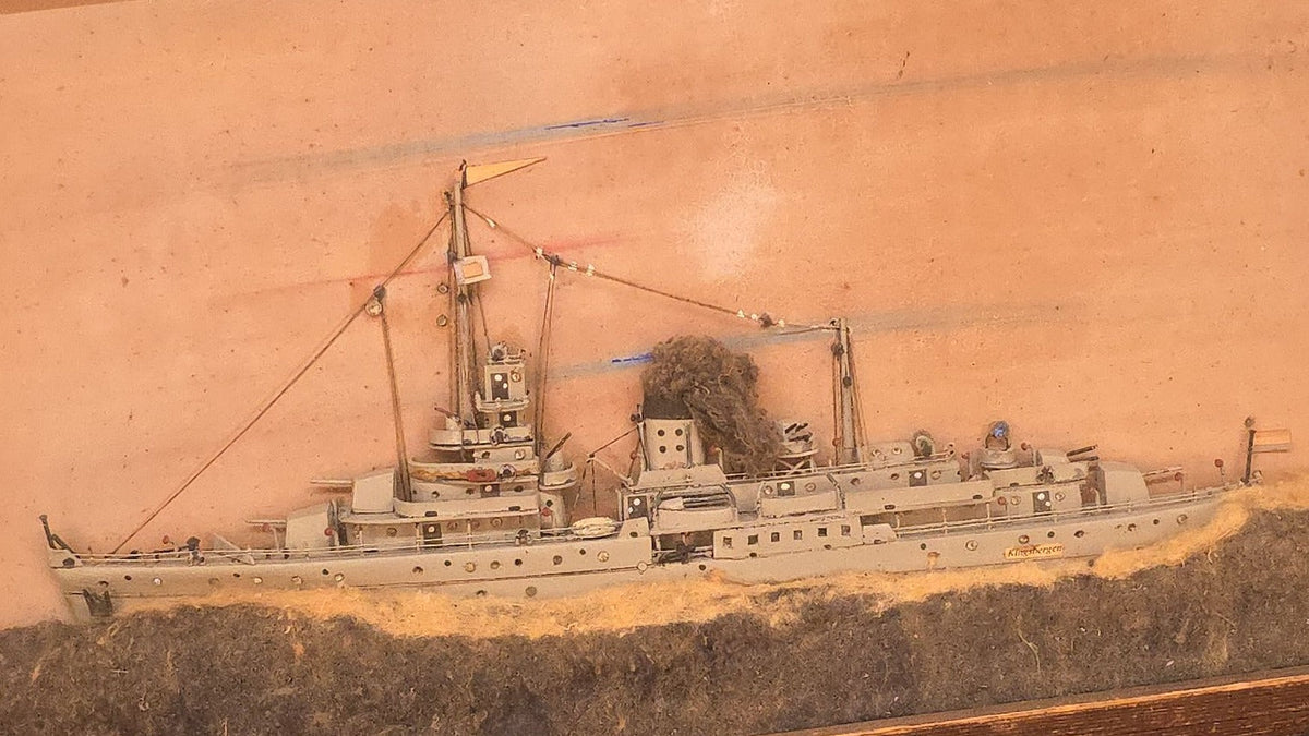 Vintage Folk Art Shadow Box Ship Model of the H.N.L.M.S. Van Kinsbergen Dutch Navy Sloop