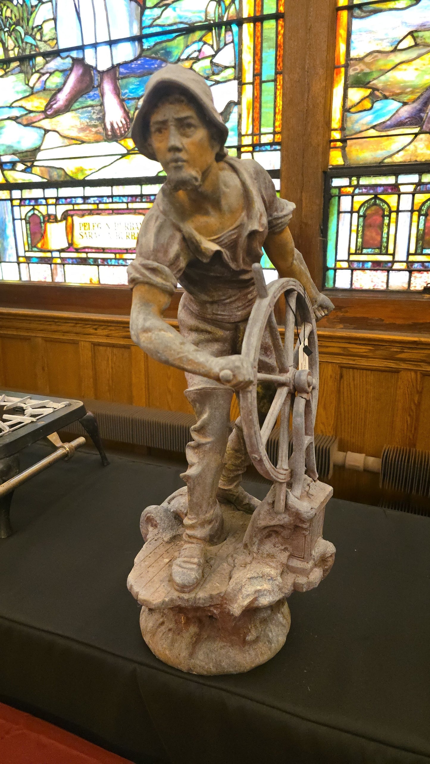 Antique Spelter Statue of a Sailor at a Ship's Wheel, After Xavier Raphanel, Note Breaks and Losses