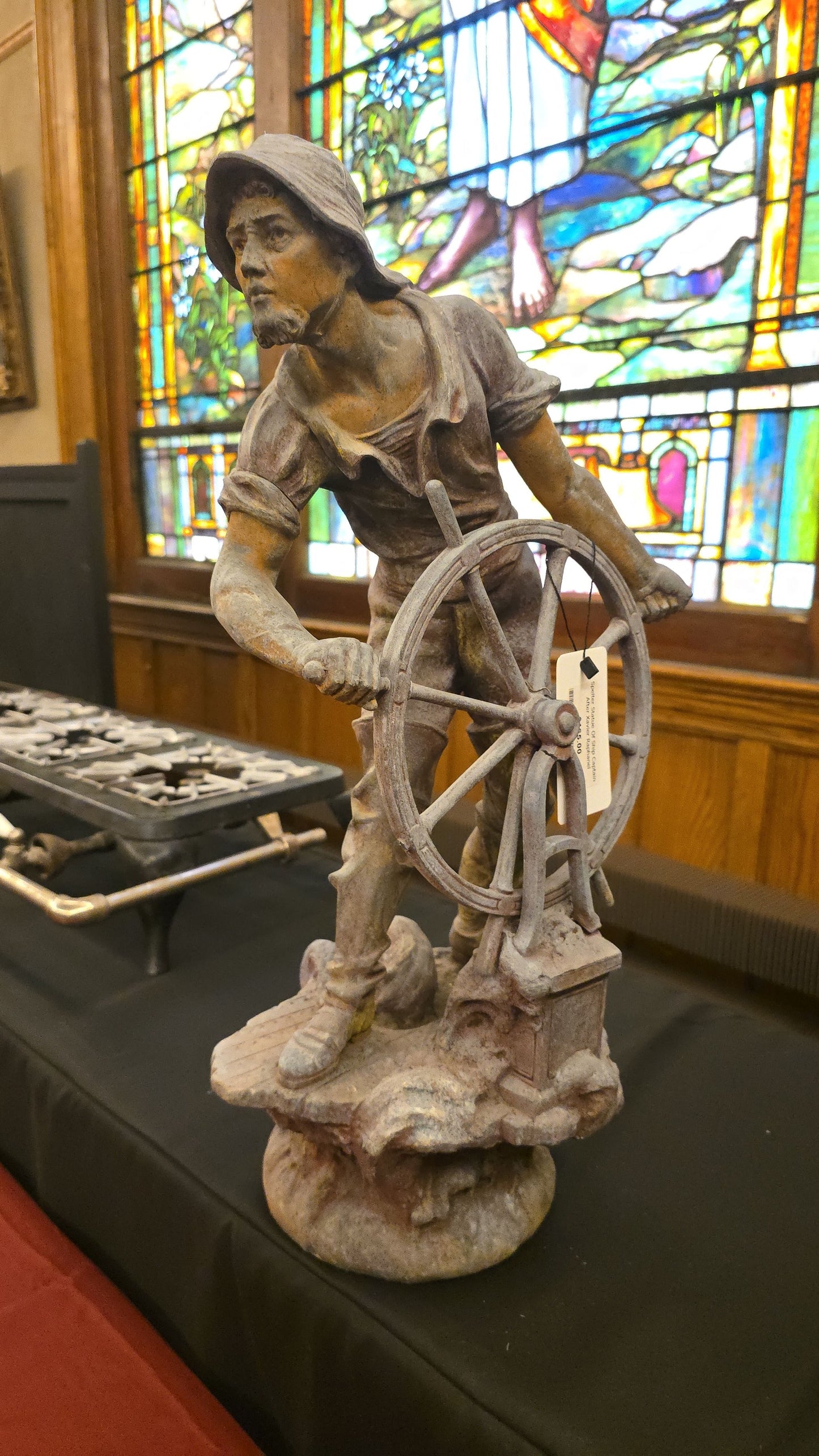 Antique Spelter Statue of a Sailor at a Ship's Wheel, After Xavier Raphanel, Note Breaks and Losses