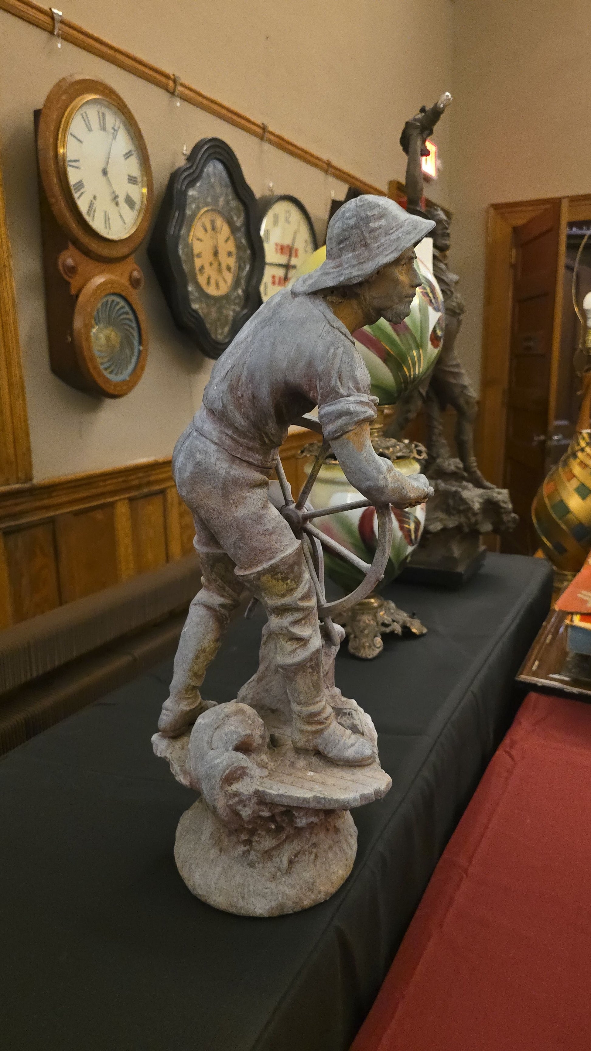 Antique Spelter Statue of a Sailor at a Ship's Wheel, After Xavier Raphanel, Note Breaks and Losses
