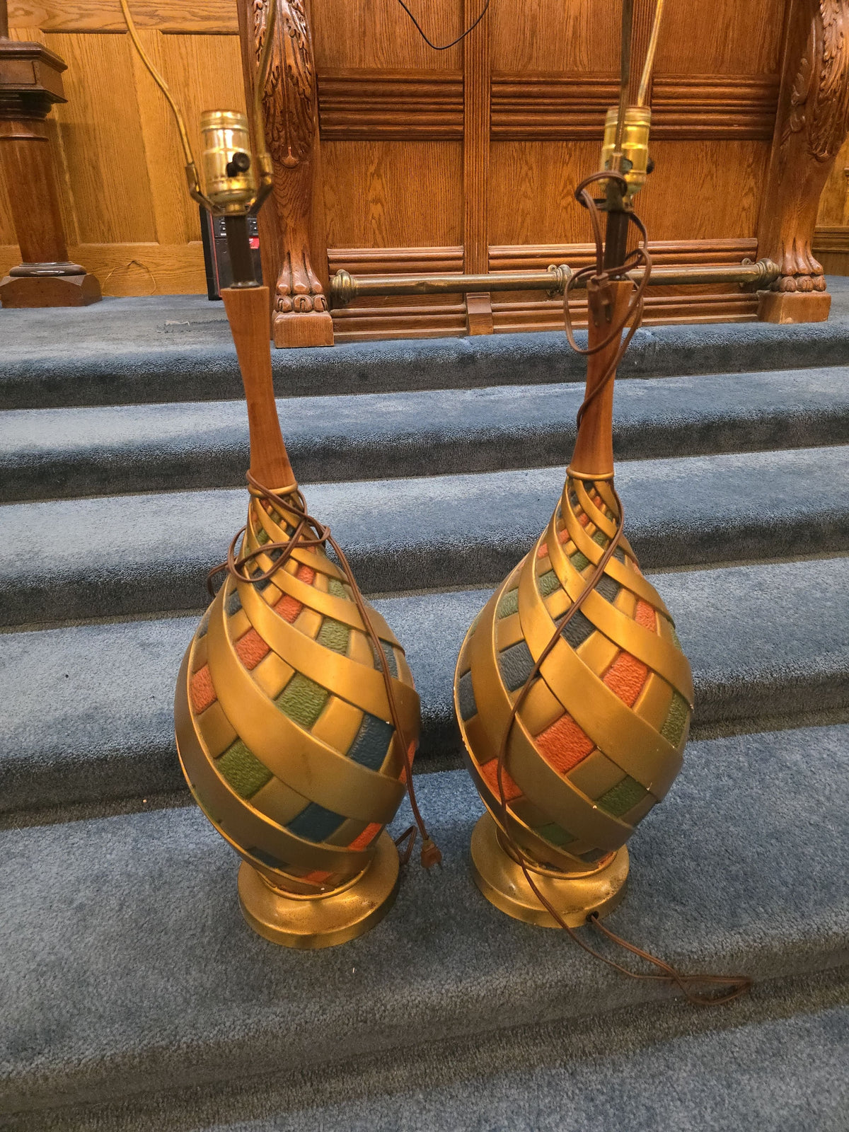 Pair of Vintage Mid-Century Modern Chalkware Table Lamps with Spiral Metal Overlay