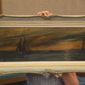 Lot 047 - Vintage Framed Oil Painting on Canvas, Maritime Scene with Sailing Vessels, Signed Initials, 29-1/4" W x 14-1/4" H